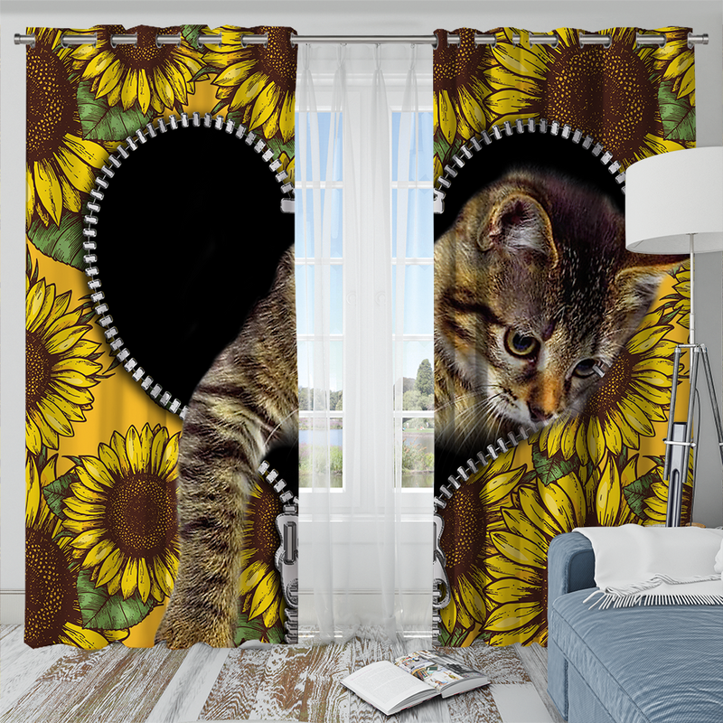 Cute Cat Sunflower Zipper Window Curtain