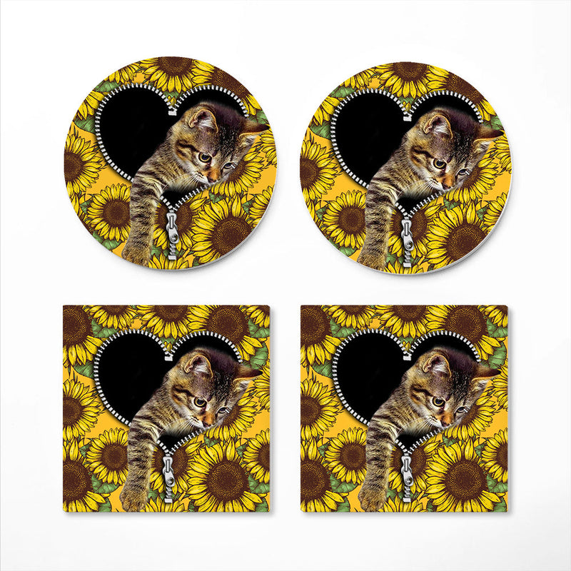 Cute Cat Sunflower Zipper Ceramic Decor Coaster - Gift Idea