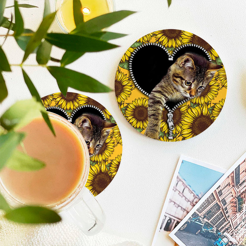 Cute Cat Sunflower Zipper Ceramic Decor Coaster - Gift Idea