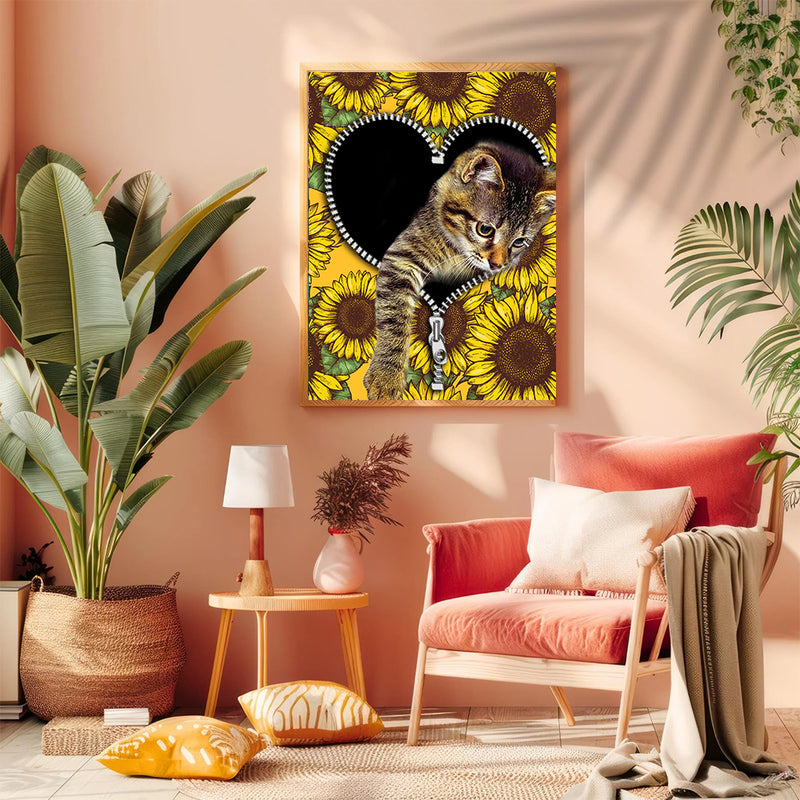 Cute Cat Sunflower Zipper - Living Room - Canvas Wall Art - Print - Wall Decor