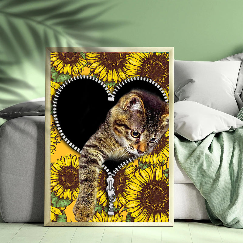 Cute Cat Sunflower Zipper - Living Room - Canvas Wall Art - Print - Wall Decor