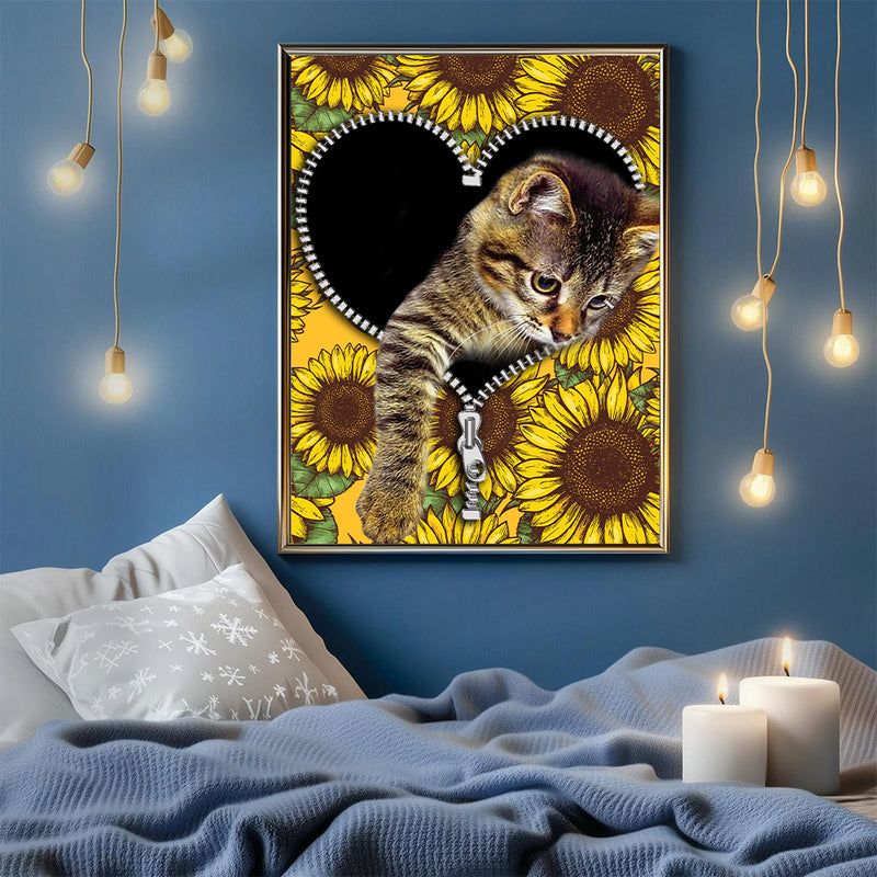 Cute Cat Sunflower Zipper - Living Room - Canvas Wall Art - Print - Wall Decor