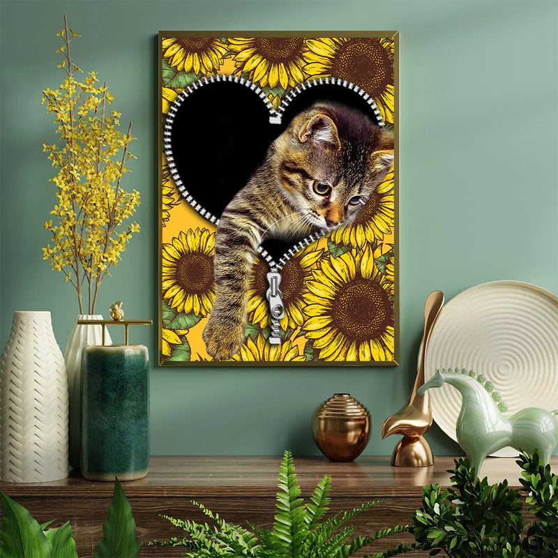 Cute Cat Sunflower Zipper - Living Room - Canvas Wall Art - Print - Wall Decor