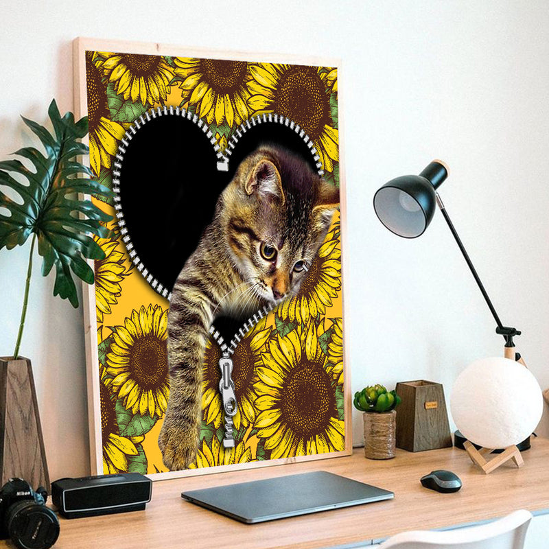 Cute Cat Sunflower Zipper - Living Room - Canvas Wall Art - Print - Wall Decor