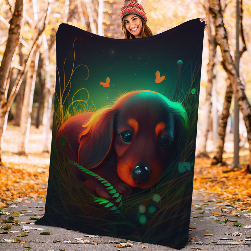 Cute Baby Dachshund Bedded Down In The Grass Safe And Cozy Fireflies Moonlight Premium Blanket