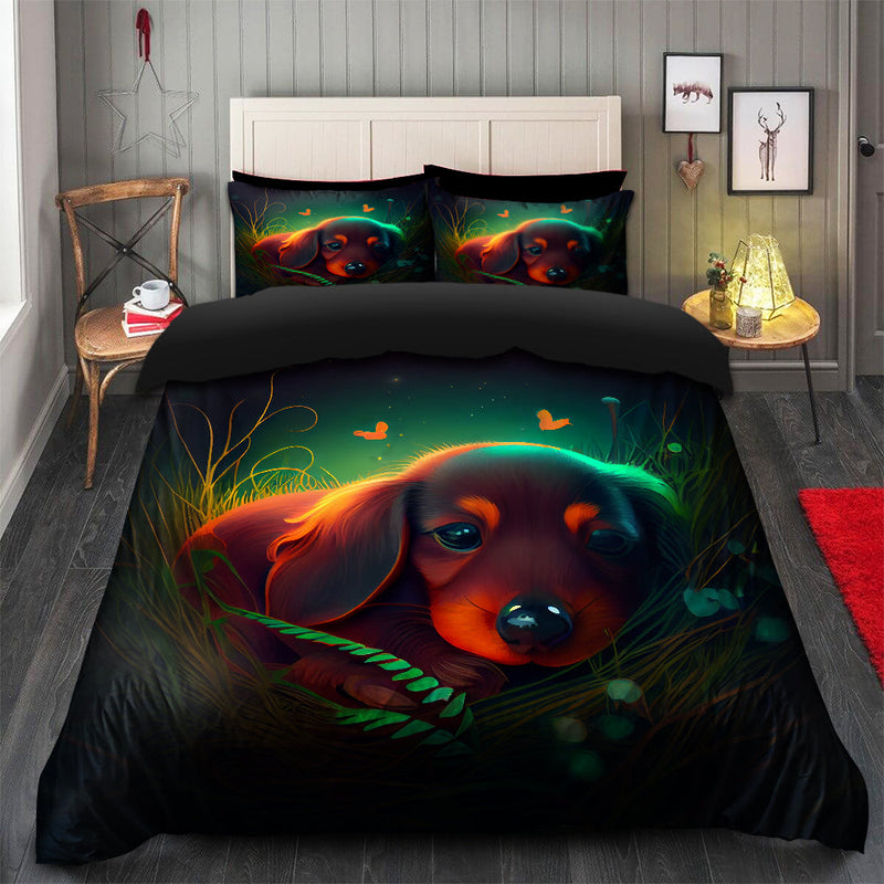 Cute Baby Dachshund Bedded Down In The Grass Safe And Cozy Fireflies Bedding Set Duvet Cover And 2 Pillowcases