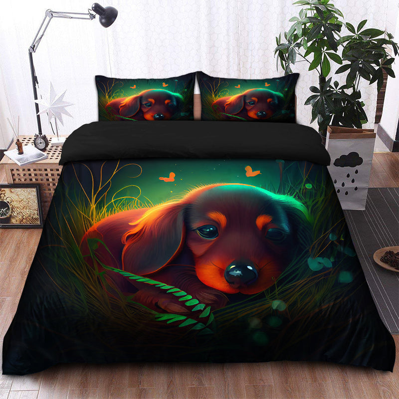 Cute Baby Dachshund Bedded Down In The Grass Safe And Cozy Fireflies Bedding Set Duvet Cover And 2 Pillowcases