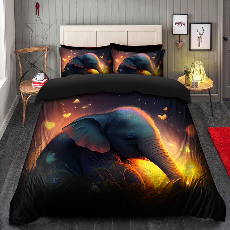 Cute Baby Elephant Bedded Down In The Grass Safe And Cozy Fireflies Bedding Set Duvet Cover And 2 Pillowcases