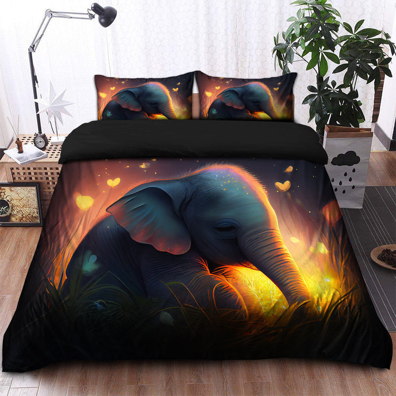 Cute Baby Elephant Bedded Down In The Grass Safe And Cozy Fireflies Bedding Set Duvet Cover And 2 Pillowcases