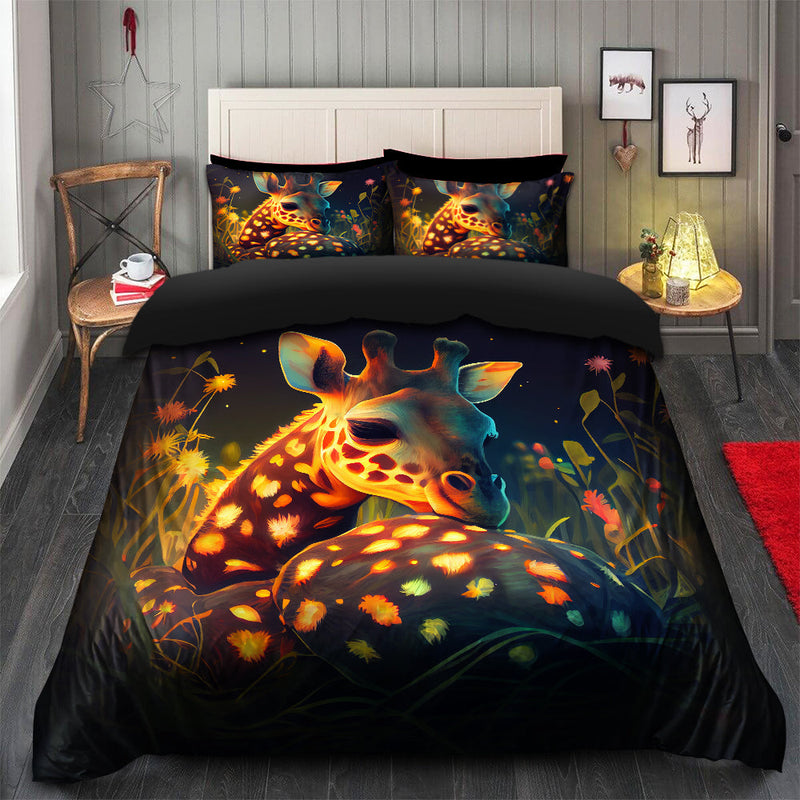 Cute Baby Giraffe Bedded Down In The Grass Safe And Cozy Fireflies Bedding Set Duvet Cover And 2 Pillowcases