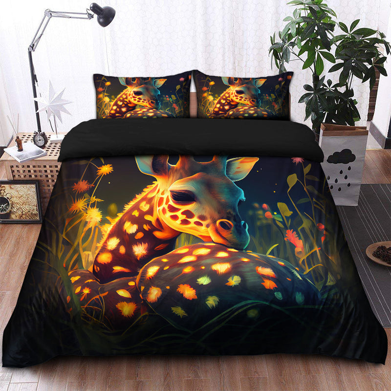 Cute Baby Giraffe Bedded Down In The Grass Safe And Cozy Fireflies Bedding Set Duvet Cover And 2 Pillowcases