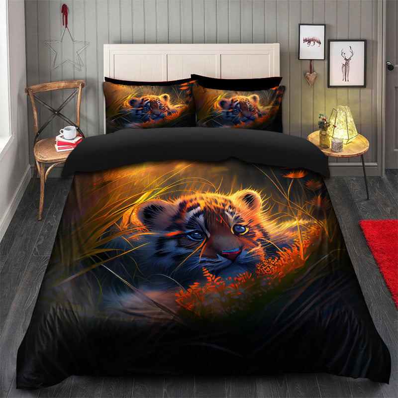 Cute Baby Tiger Bedded Down In The Grass Safe And Cozy Fireflies Bedding Set Duvet Cover And 2 Pillowcases