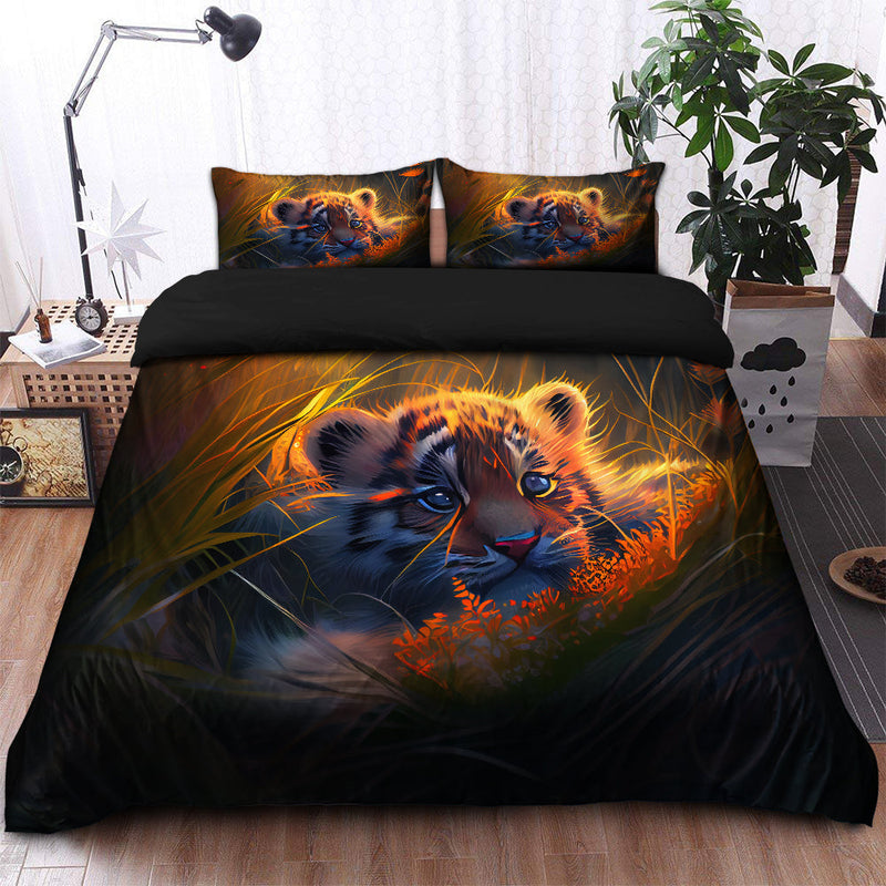 Cute Baby Tiger Bedded Down In The Grass Safe And Cozy Fireflies Bedding Set Duvet Cover And 2 Pillowcases