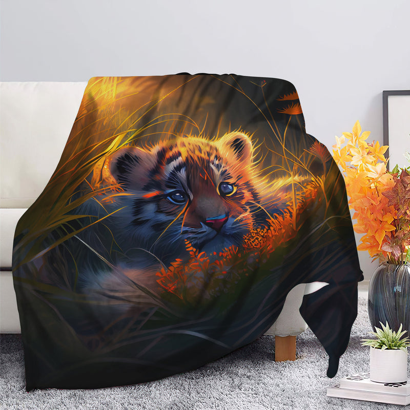 Cute Baby Tiger Bedded Down In The Grass Safe And Cozy Fireflies Moonlight Premium Blanket