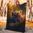 Cute Tiger Bedded Down In The Grass Safe And Cozy Fireflies Moonlight Premium Blanket