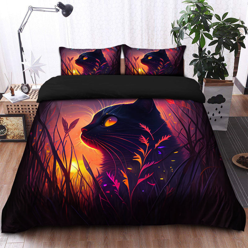 Cute Black Cat Bedded Down In The Grass Safe And Cozy Fireflies Bedding Set Duvet Cover And 2 Pillowcases