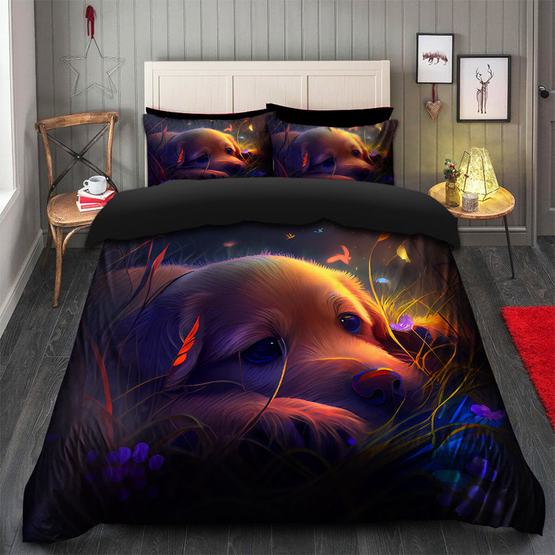 Cute Puppy Bedded Down In The Grass Safe And Cozy Fireflies Bedding Set Duvet Cover And 2 Pillowcases