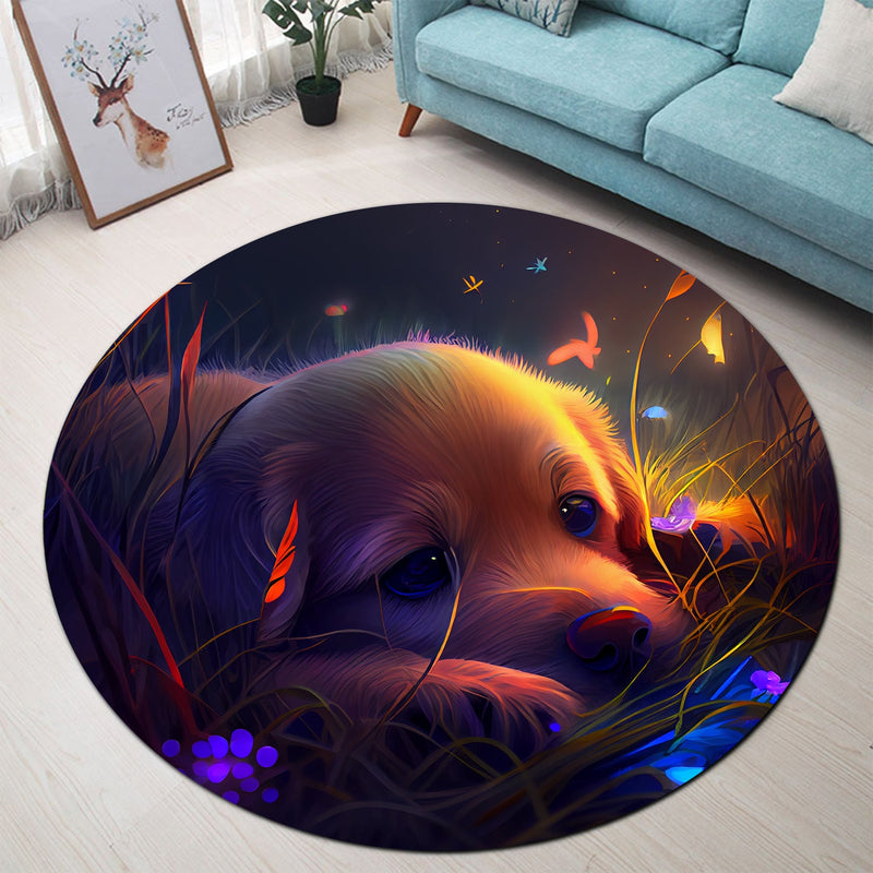 Cute Puppy Bedded Down In The Grass 3 Round Rug