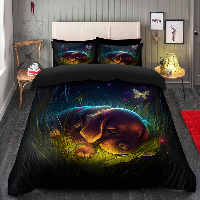 Cute Puppy 4 Bedded Down In The Grass Safe And Cozy Fireflies Bedding Set Duvet Cover And 2 Pillowcases
