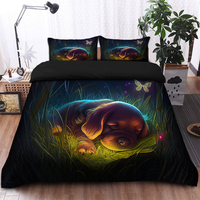 Cute Puppy 4 Bedded Down In The Grass Safe And Cozy Fireflies Bedding Set Duvet Cover And 2 Pillowcases