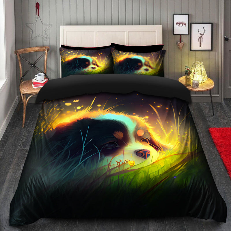 Cute Puppy 5 Bedded Down In The Grass Safe And Cozy Fireflies Bedding Set Duvet Cover And 2 Pillowcases