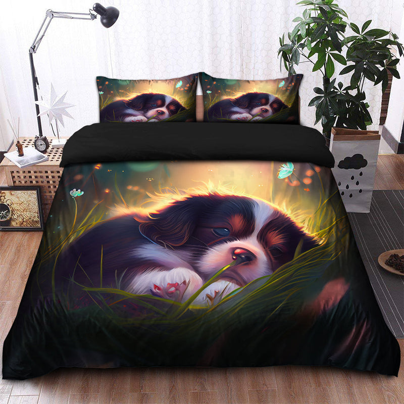 Cute Puppy 6 Bedded Down In The Grass Safe And Cozy Fireflies Bedding Set Duvet Cover And 2 Pillowcases