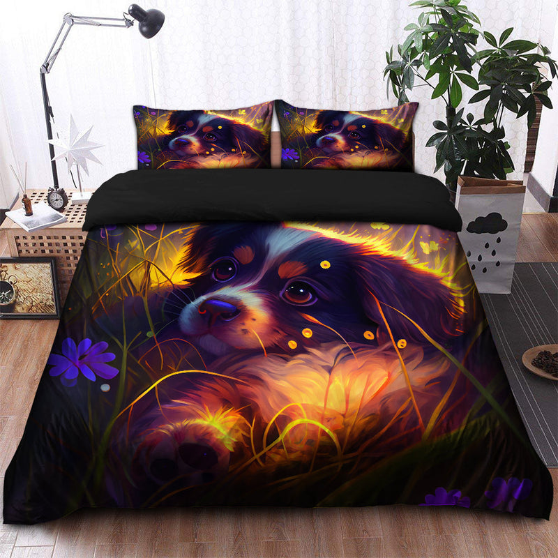 Cute Puppy 2 Bedded Down In The Grass Safe And Cozy Fireflies Bedding Set Duvet Cover And 2 Pillowcases