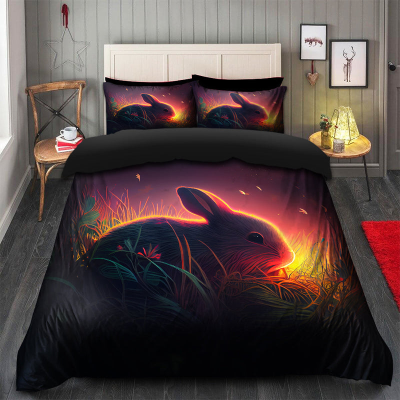 Cute Rabbit Bedded Down In The Grass Safe And Cozy Fireflies Bedding Set Duvet Cover And 2 Pillowcases