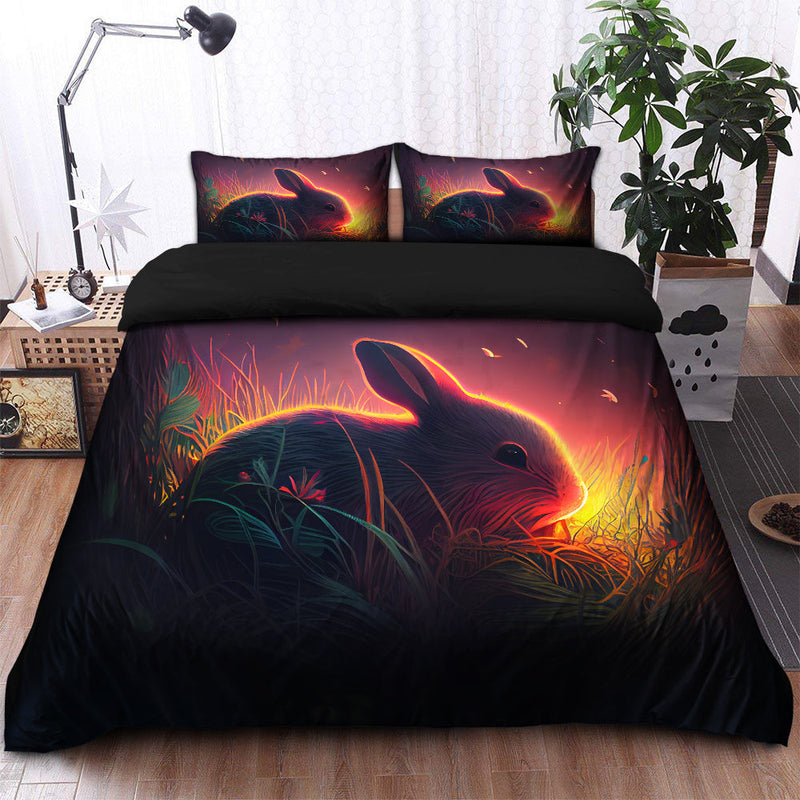 Cute Rabbit Bedded Down In The Grass Safe And Cozy Fireflies Bedding Set Duvet Cover And 2 Pillowcases