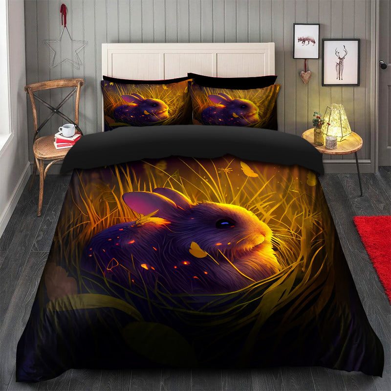 Cute Rabbit 2 Bedded Down In The Grass Safe And Cozy Fireflies Bedding Set Duvet Cover And 2 Pillowcases