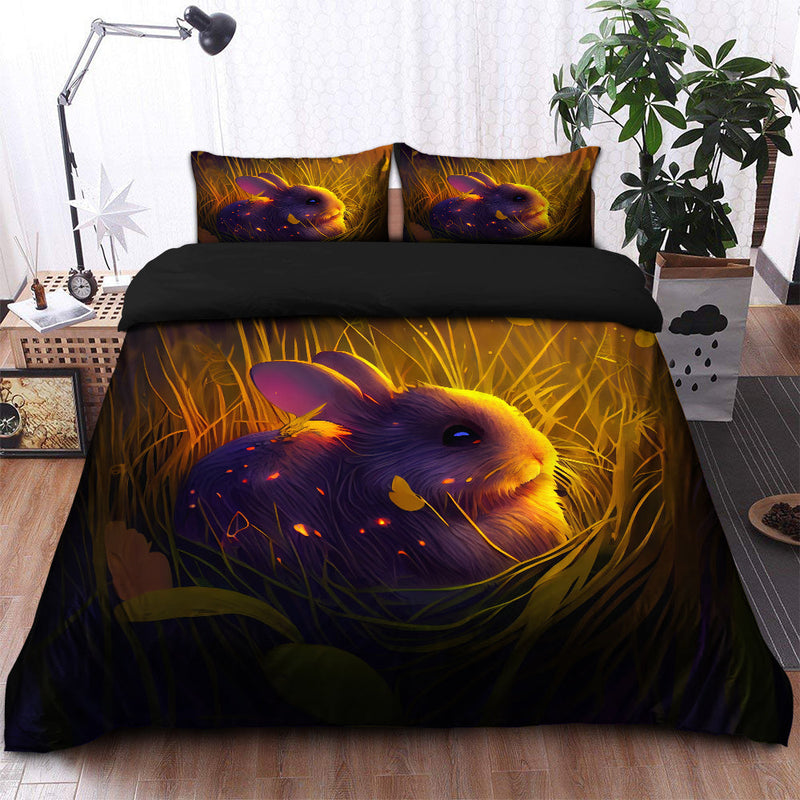 Cute Rabbit 2 Bedded Down In The Grass Safe And Cozy Fireflies Bedding Set Duvet Cover And 2 Pillowcases