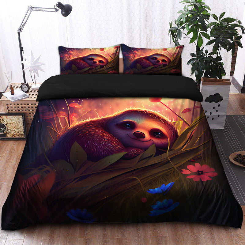 Cute Sloth Bedded Down In The Grass Safe And Cozy Fireflies Bedding Set Duvet Cover And 2 Pillowcases