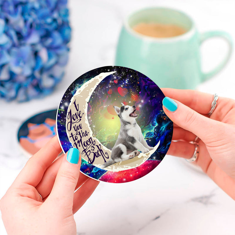 Cute Husky And Cat Love You To The Moon Galaxy Ceramic Decor Coaster - Gift Idea