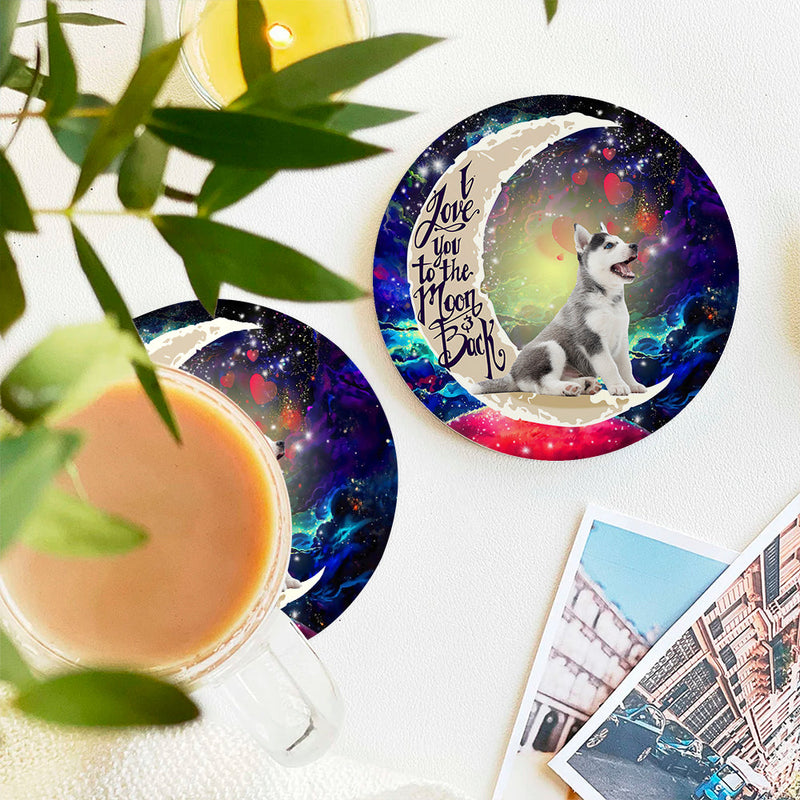 Cute Husky And Cat Love You To The Moon Galaxy Ceramic Decor Coaster - Gift Idea