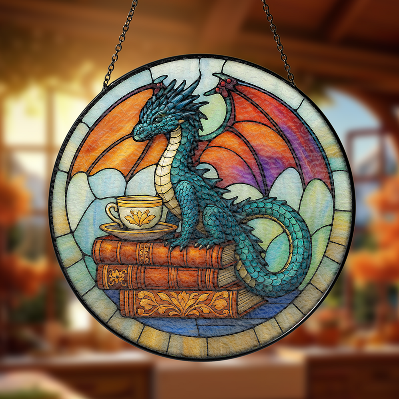 Dragon Book Stained Glass Suncatcher