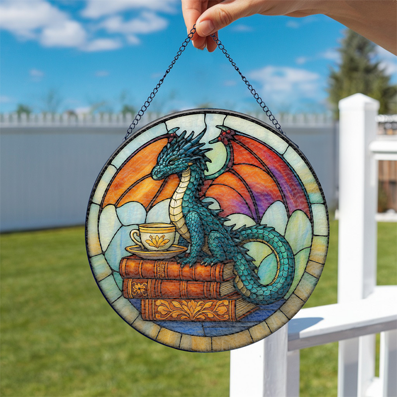 Dragon Book Stained Glass Suncatcher