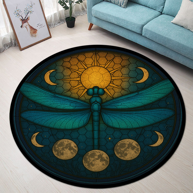 Dragonfly Green Stained Glass Round Rug
