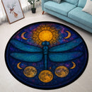 Dragonfly Moon Blue Stained Glass Round Rug
