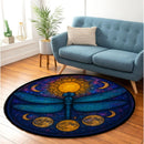Dragonfly Moon Blue Stained Glass Round Rug