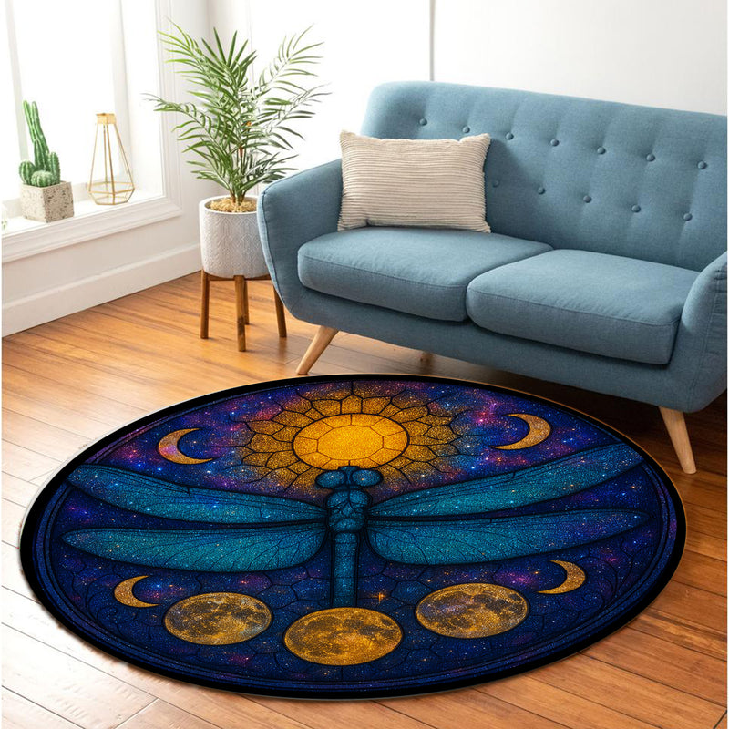 Dragonfly Moon Blue Stained Glass Round Rug