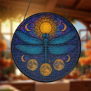 Dragonfly Moon Blue Round Stained Glass Suncatcher