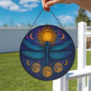 Dragonfly Moon Blue Round Stained Glass Suncatcher