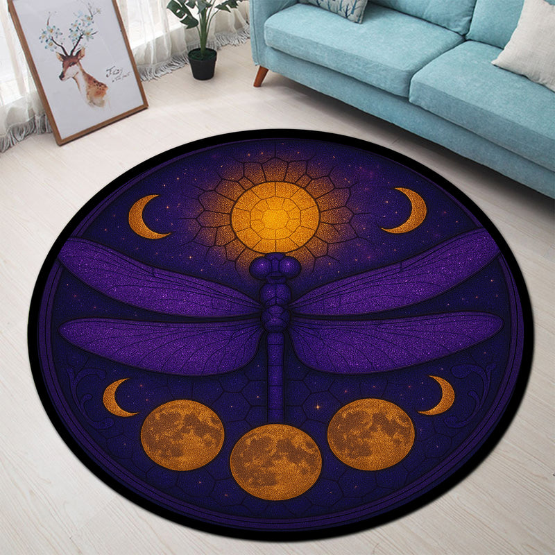 Dragonfly Moon Purple Stained Glass Round Rug
