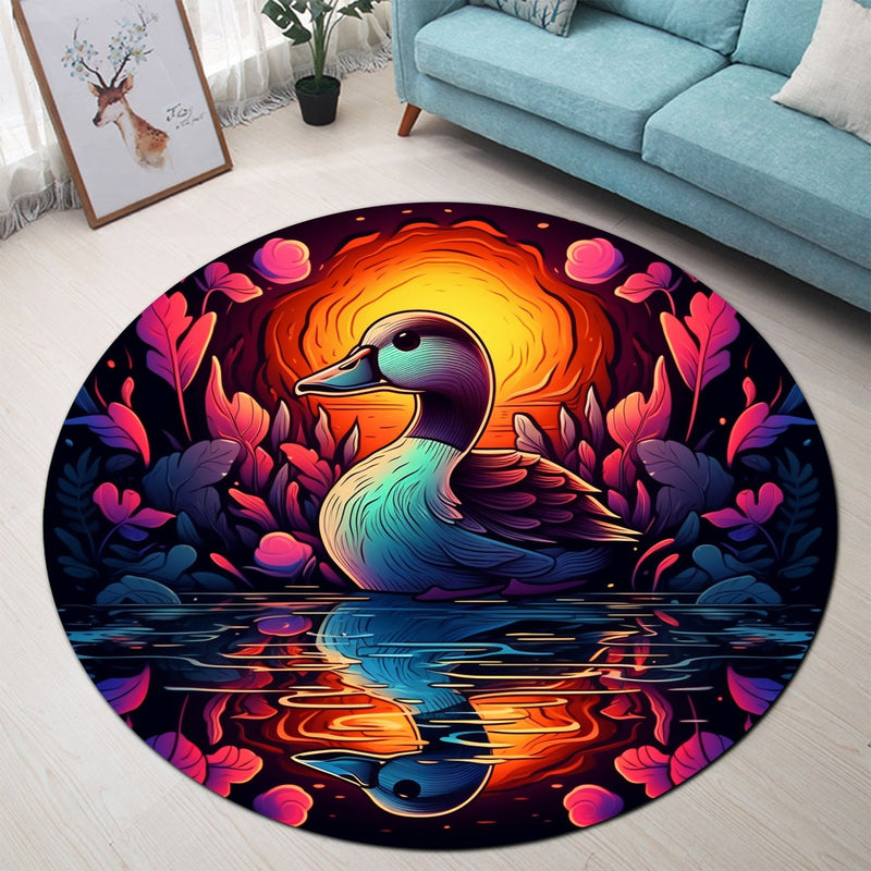 Duck In Night Lake Round Rug
