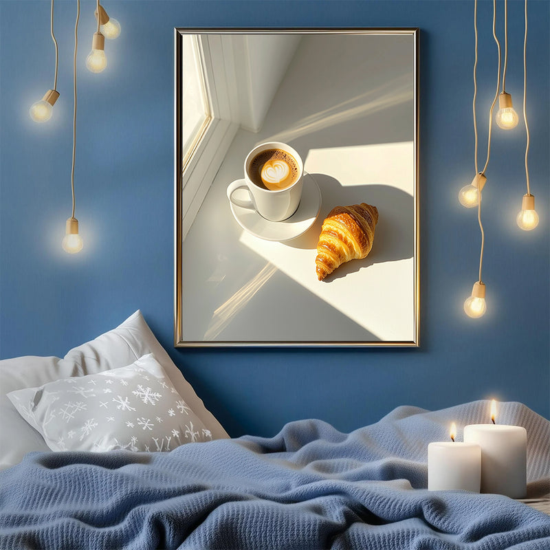 Espresso Coffee Cup With Croissant In Shining Sun - Living Room - Canvas Wall Art - Print - Wall Decor