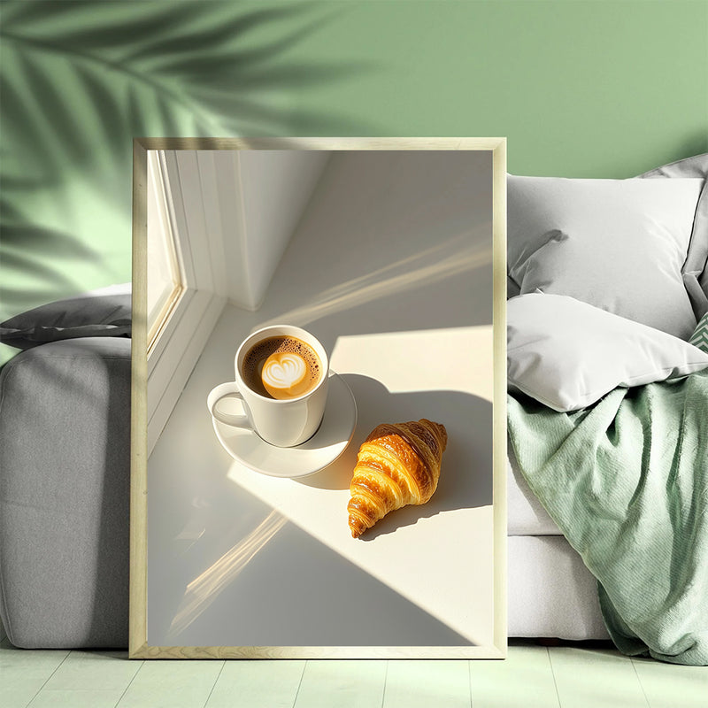 Espresso Coffee Cup With Croissant In Shining Sun - Living Room - Canvas Wall Art - Print - Wall Decor