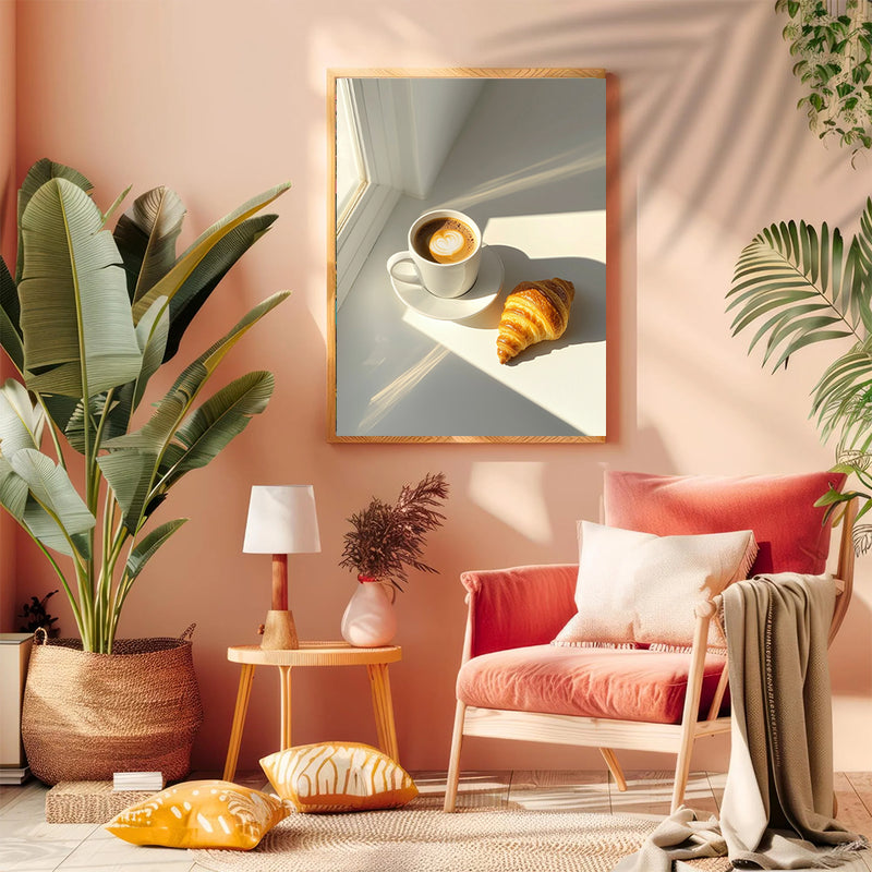 Espresso Coffee Cup With Croissant In Shining Sun - Living Room - Canvas Wall Art - Print - Wall Decor