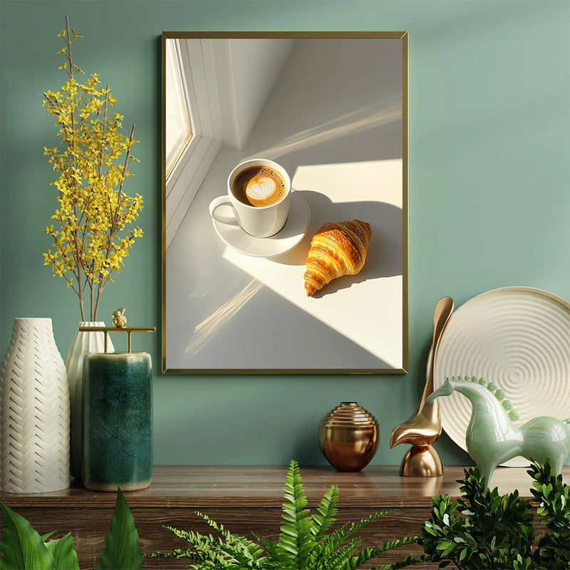 Espresso Coffee Cup With Croissant In Shining Sun - Living Room - Canvas Wall Art - Print - Wall Decor