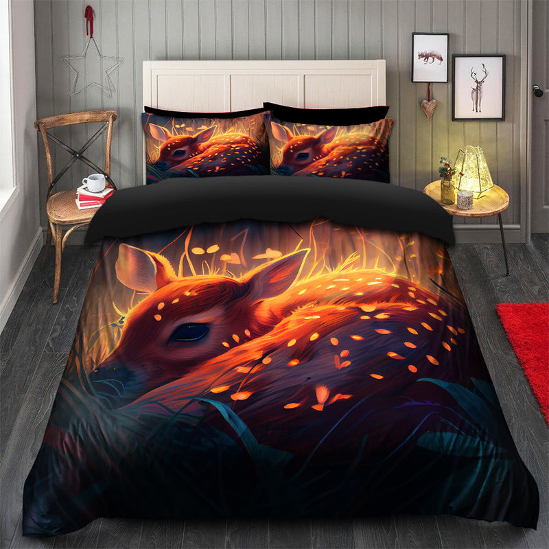 Fawn Bedded Down In The Grass Safe And Cozy Fireflies Bedding Set Duvet Cover And 2 Pillowcases