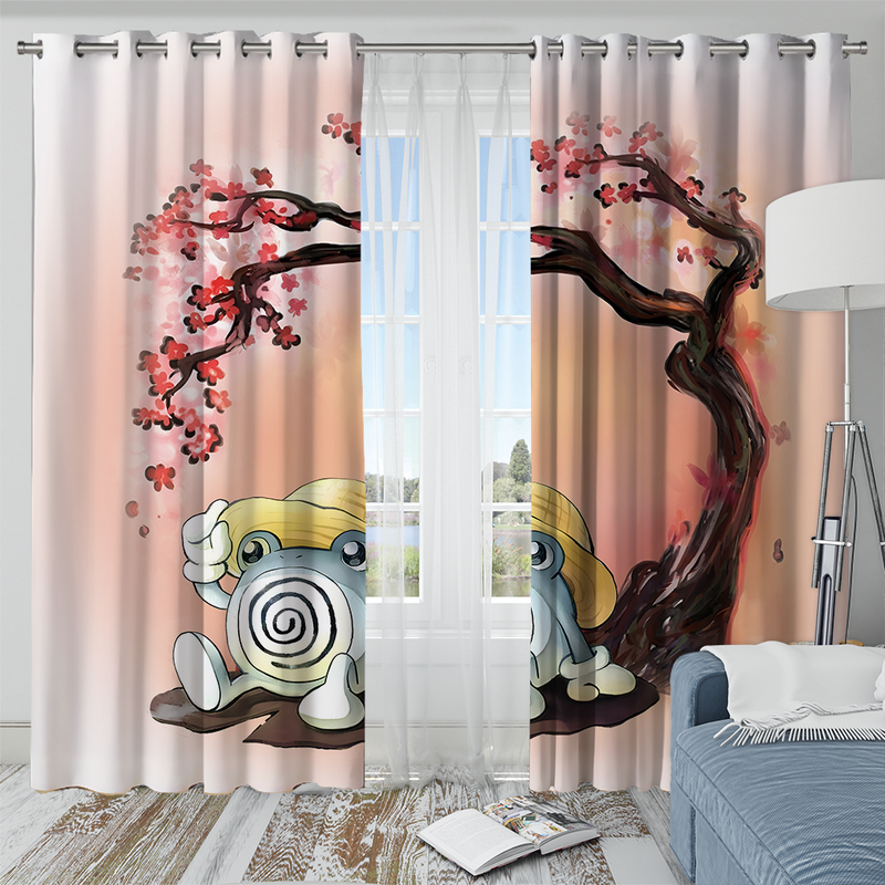 Poliwhirl Pokemon Cherry Blossom Window Curtain